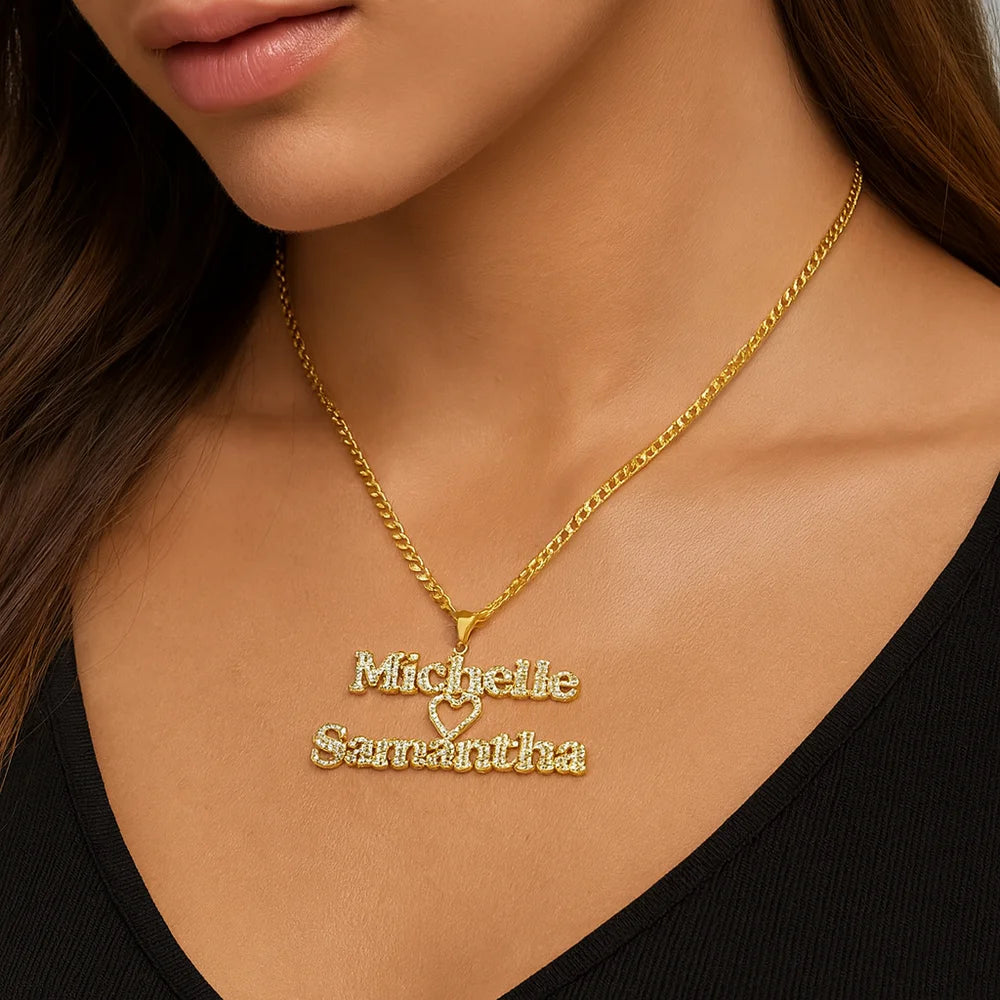 Iced Two Name Heart Necklace