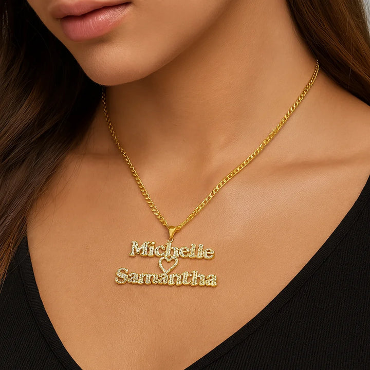 Iced Two Name Heart Necklace