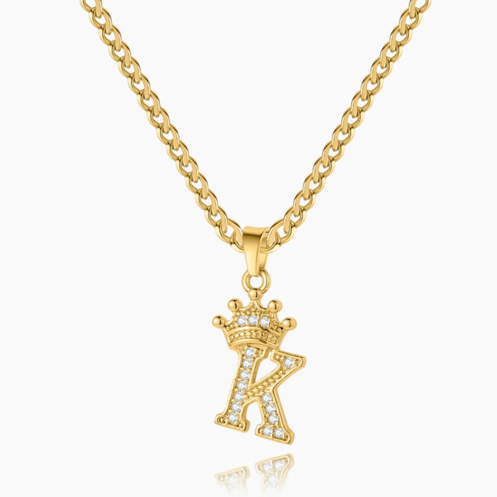 Iced Crown Initial Necklace with Cuban Chain