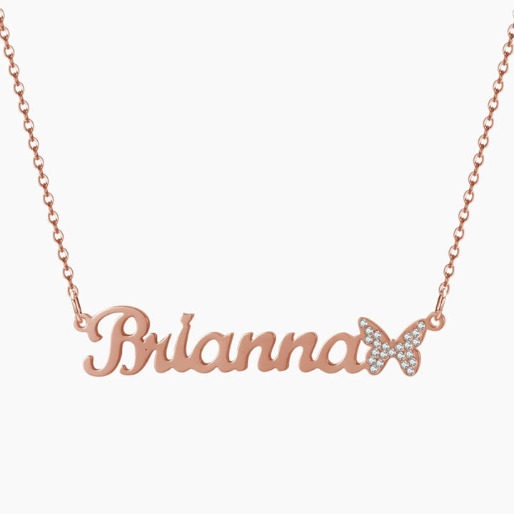 Iced Butterfly Nameplate Necklace