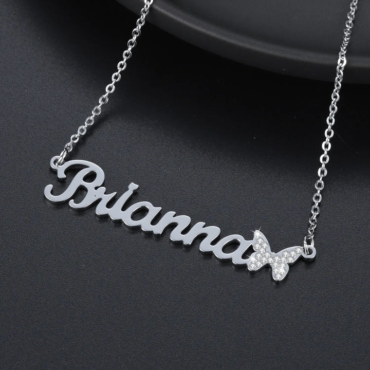 Iced Butterfly Nameplate Necklace