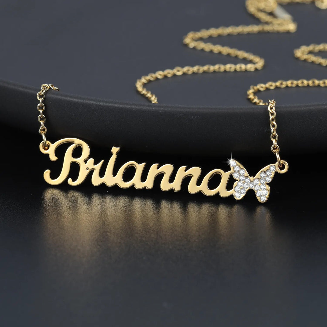 Iced Butterfly Nameplate Necklace