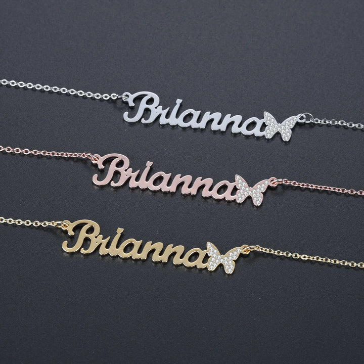 Iced Butterfly Nameplate Necklace