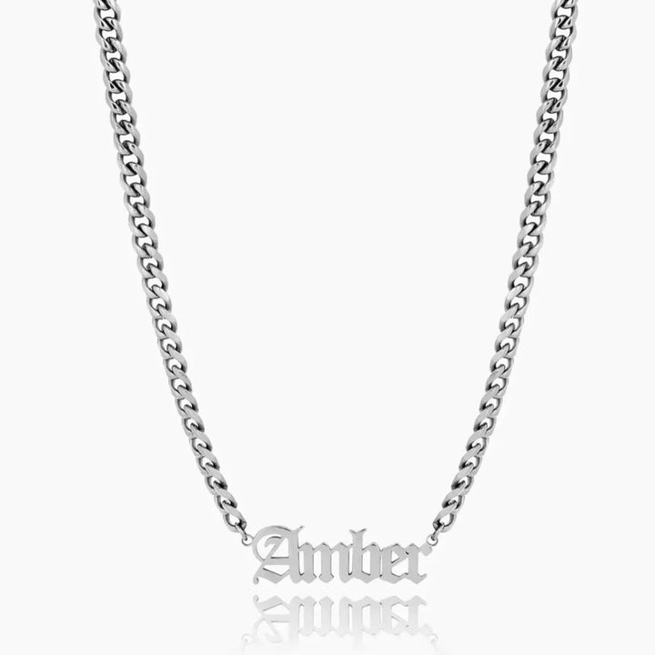 Old English Name Necklace With Cuban Chain