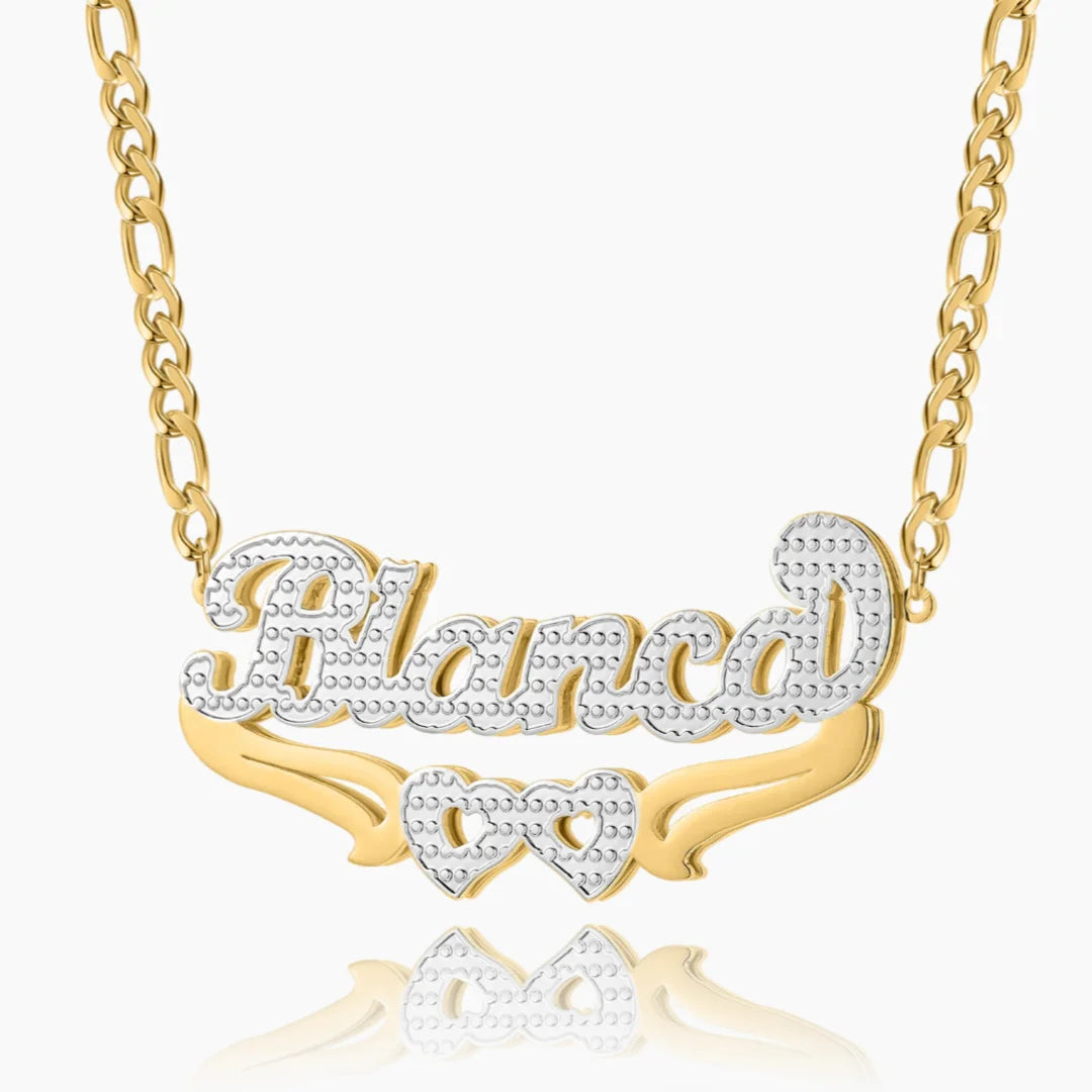 Double Plated Custom Two Heart Name Necklace in gold and silver finish.