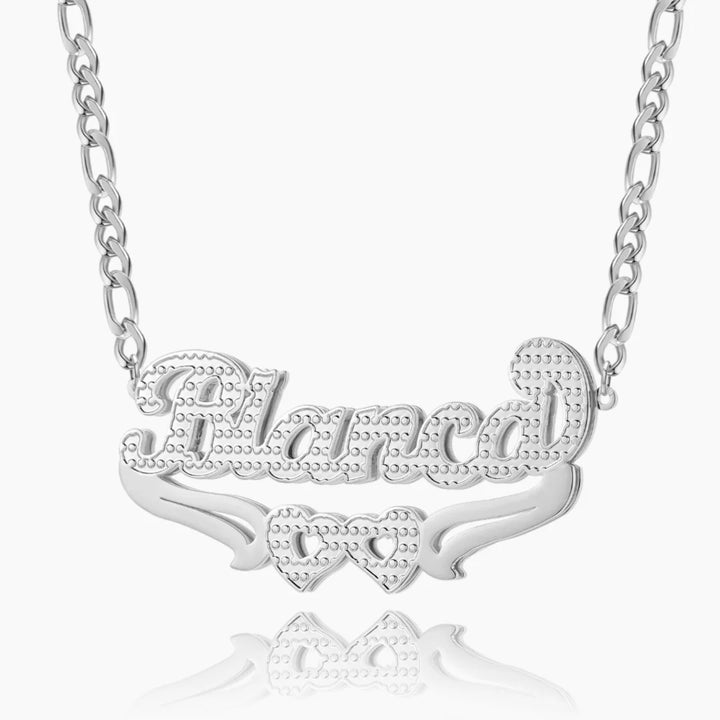 Double Plated Custom Two Heart Name Necklace in silver finish.