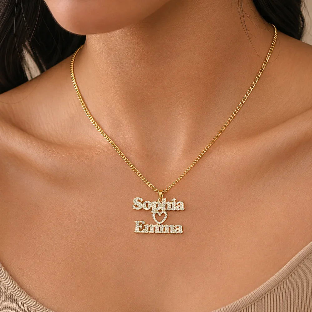 Iced Two Name Heart Necklace