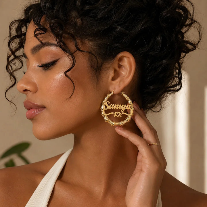 Personalized Bamboo Heart Name Hoop Earrings