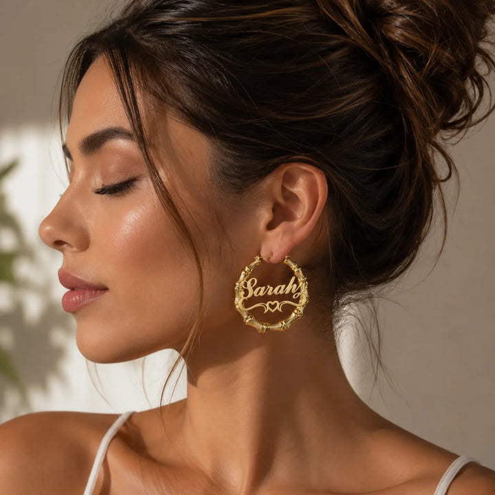 Personalized Bamboo Heart Name Hoop Earrings