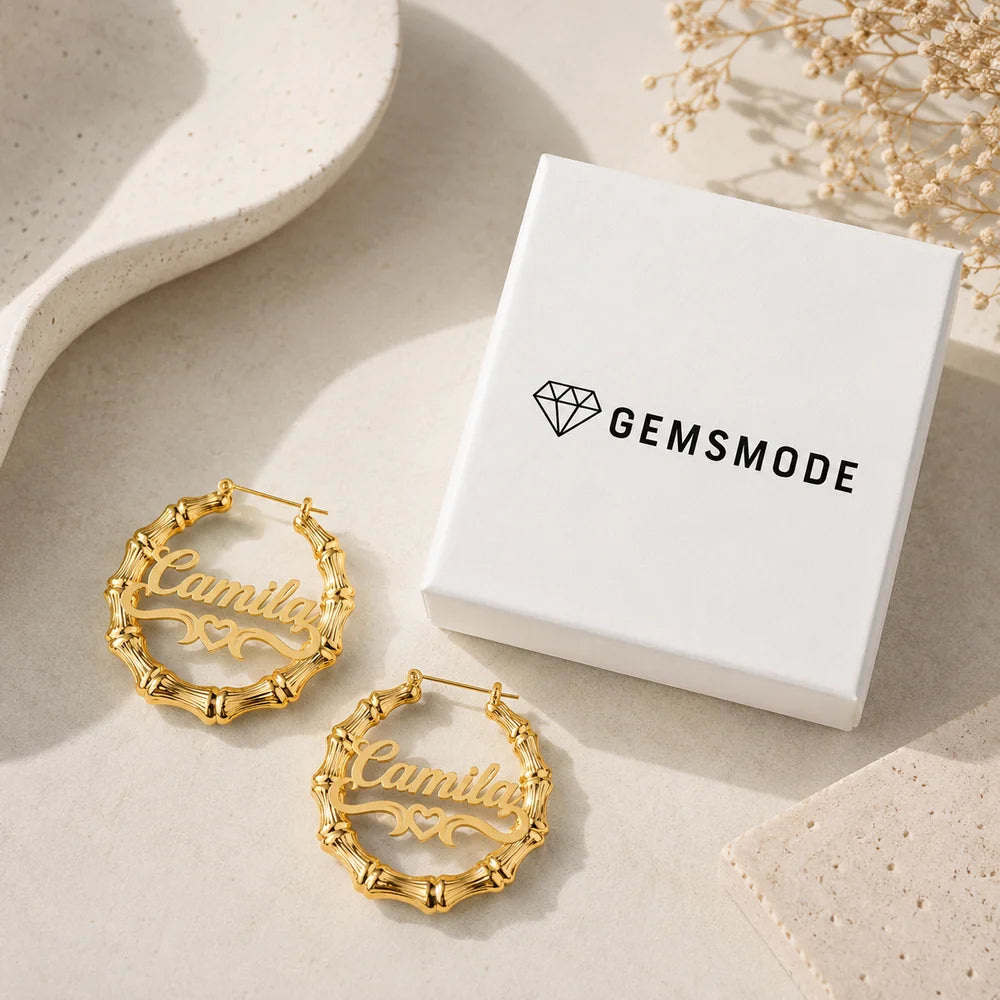 Personalized Bamboo Heart Name Hoop Earrings