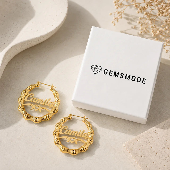 Personalized Bamboo Heart Name Hoop Earrings