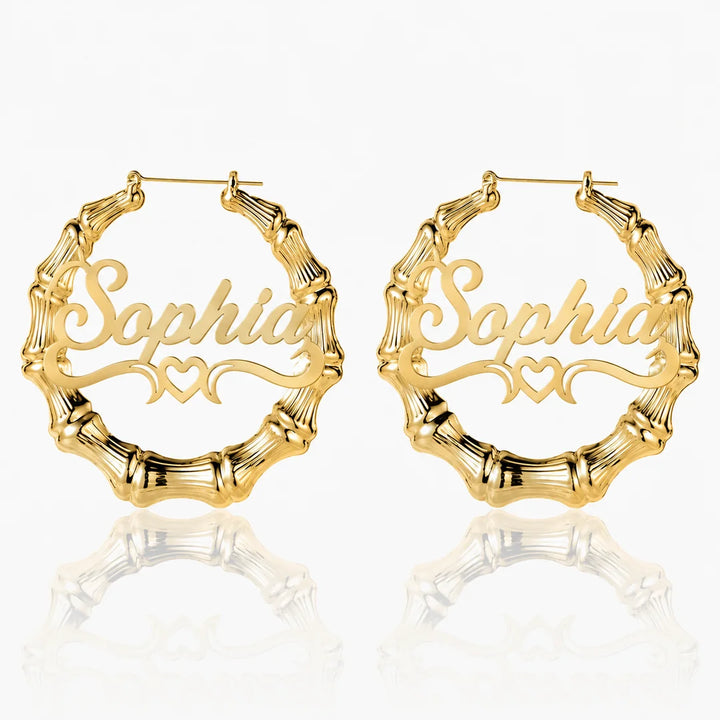 Personalized Bamboo Heart Name Hoop Earrings
