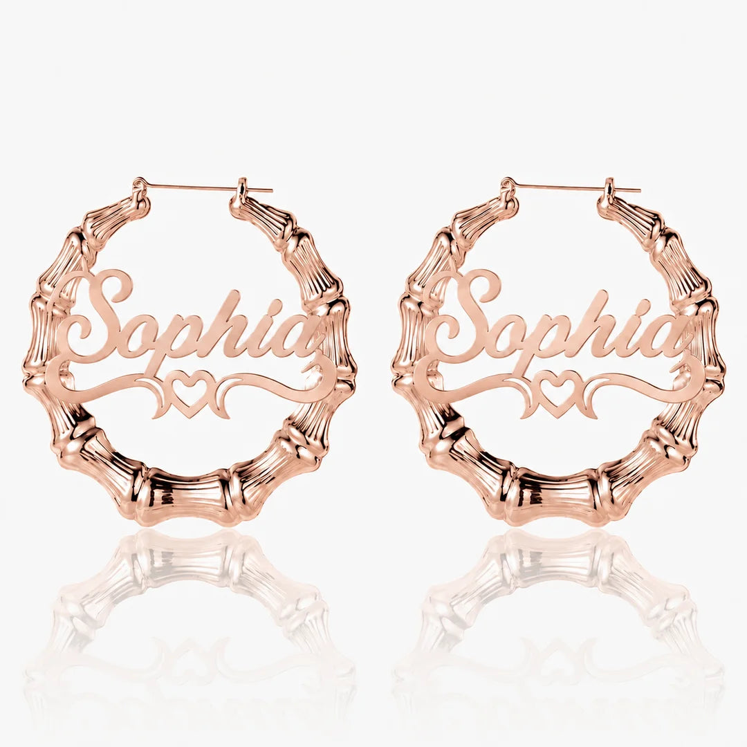 Personalized Bamboo Heart Name Hoop Earrings
