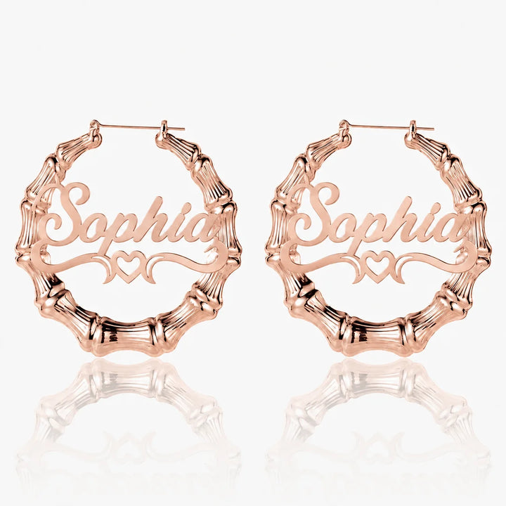 Personalized Bamboo Heart Name Hoop Earrings