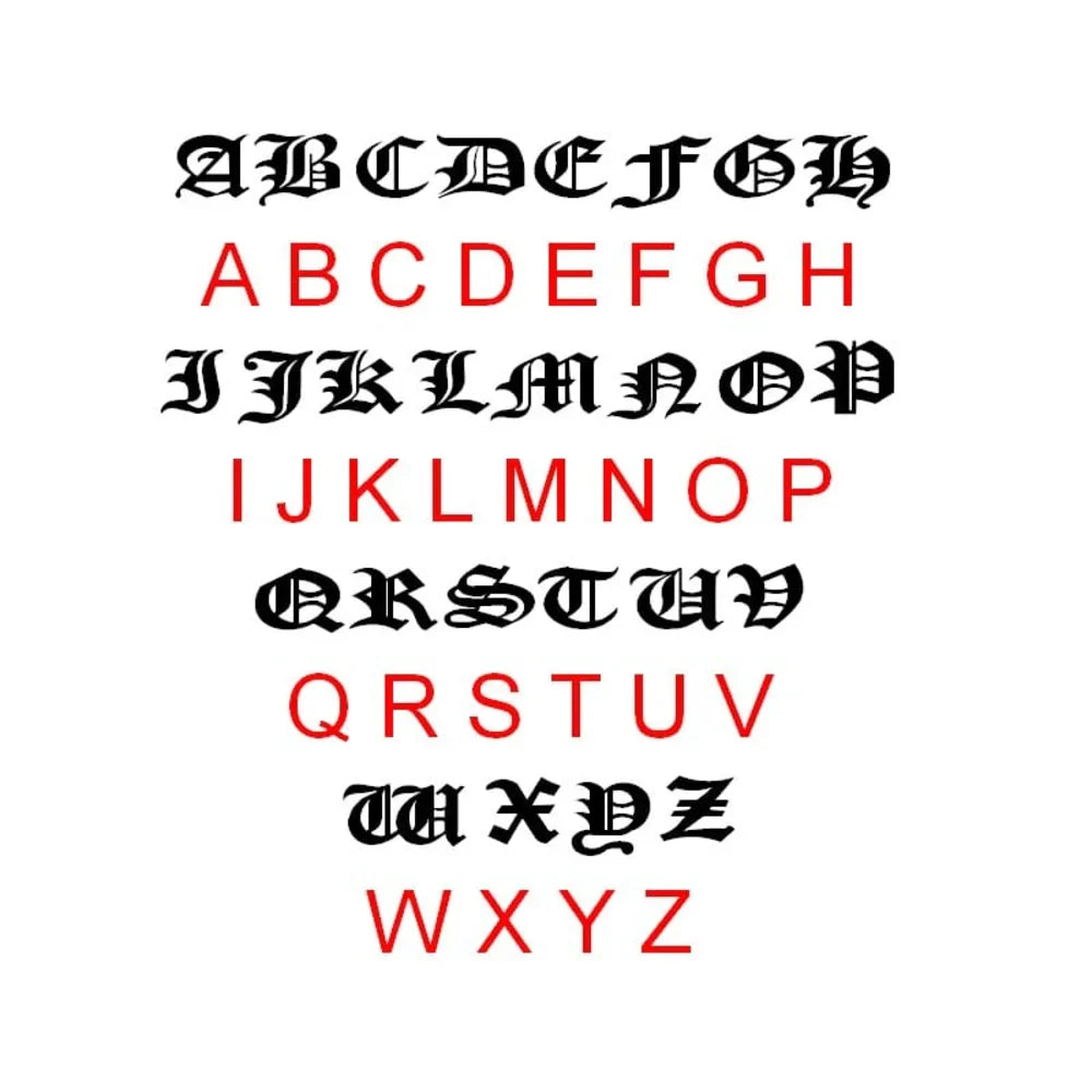 Alphabet translation from normal font to Old English font showing each letter's transformation.