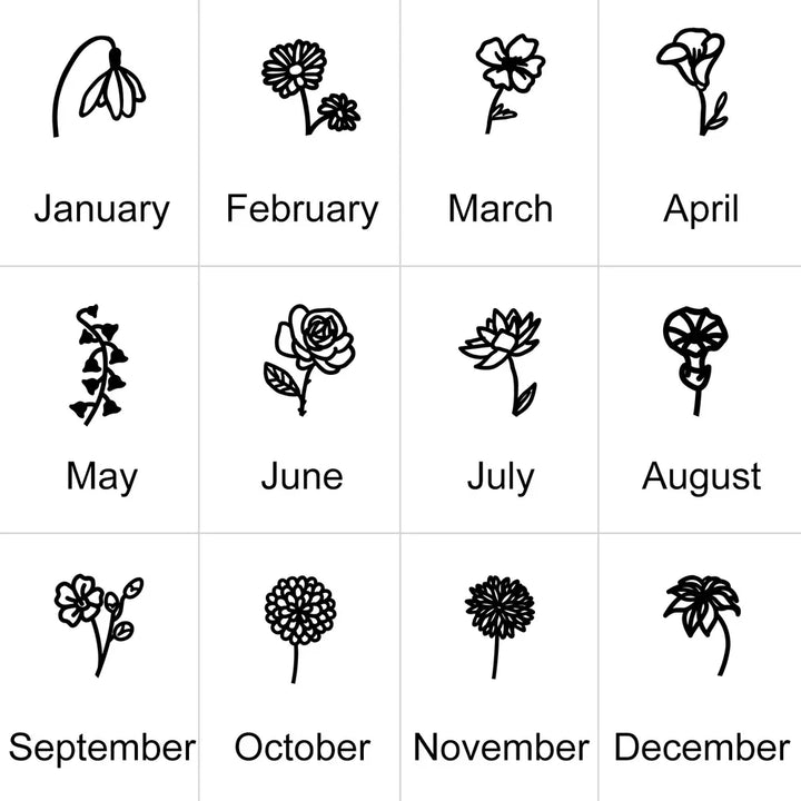 Chart showcasing different birth flowers for each month: January - Snowdrop, February - Primrose, March - Daffodil, April - Sweet Pea, May - Lily of the Valley, June - Rose, July - Lotus, August - Poppy, September - Aster, October - Marigold, November - Chrysanthemum, December - Narcissus.