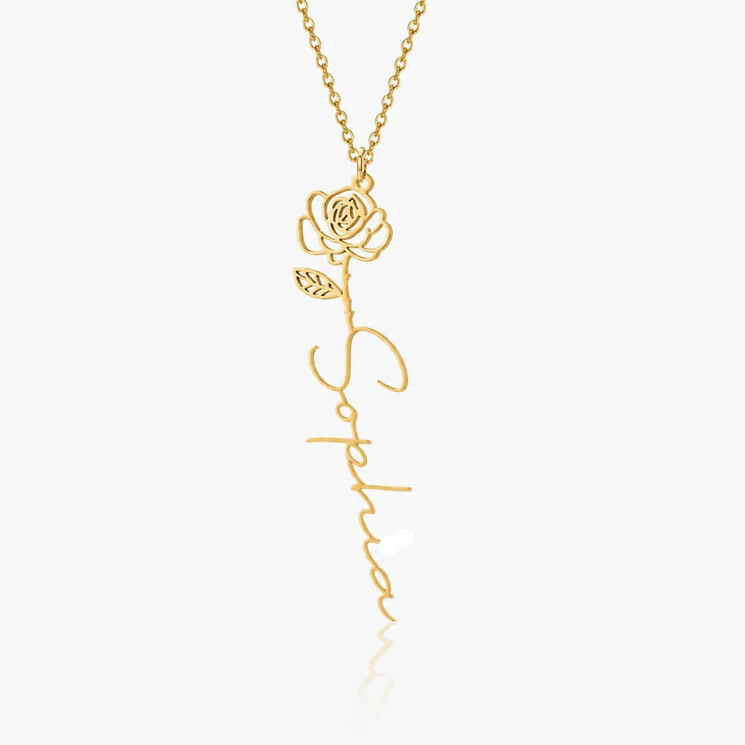Personalized birth flower name necklace in 18K gold on white background