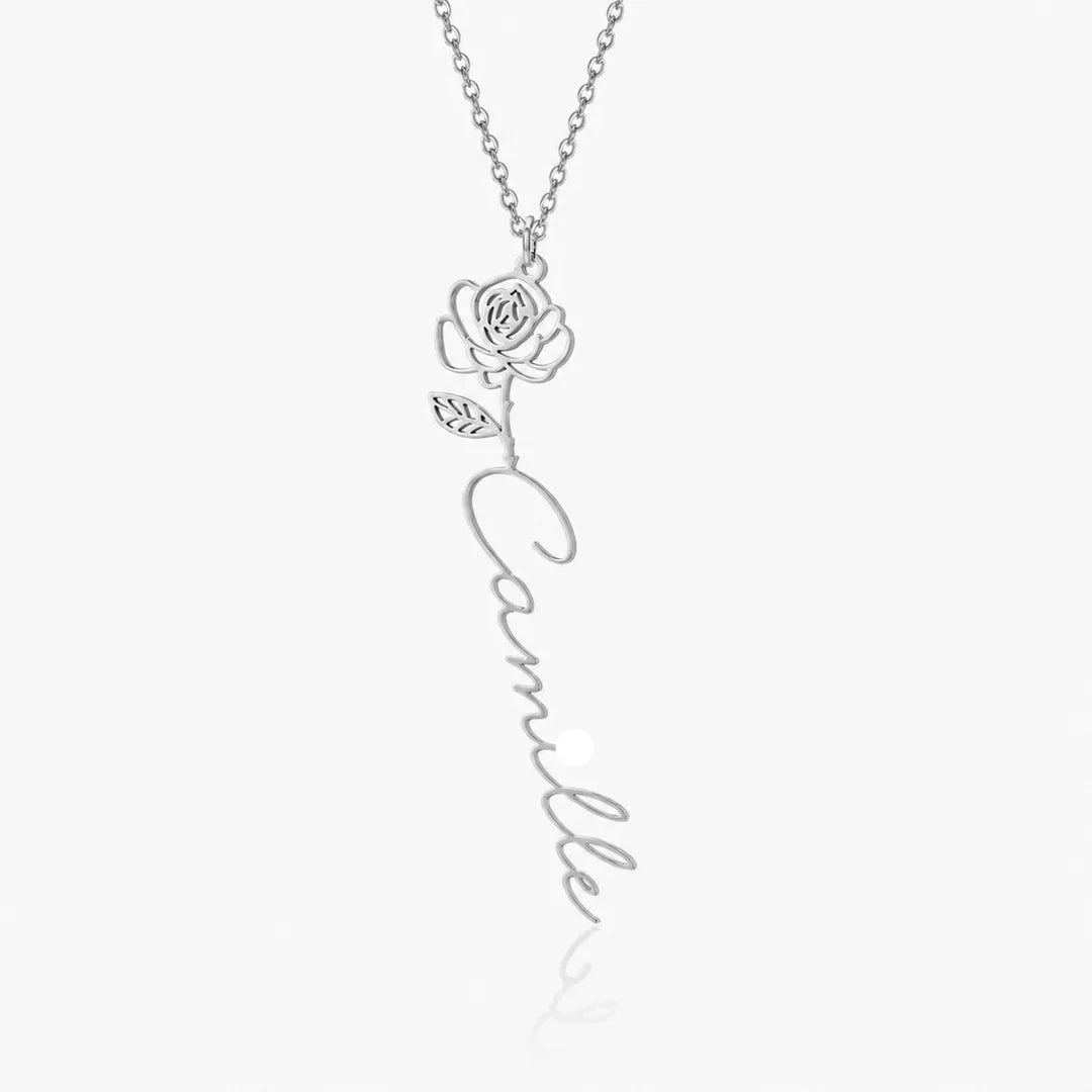 Personalized birth flower name necklace in silver on white background