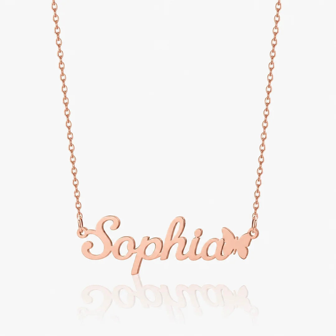 Personalized butterfly name necklace in rose gold on white background