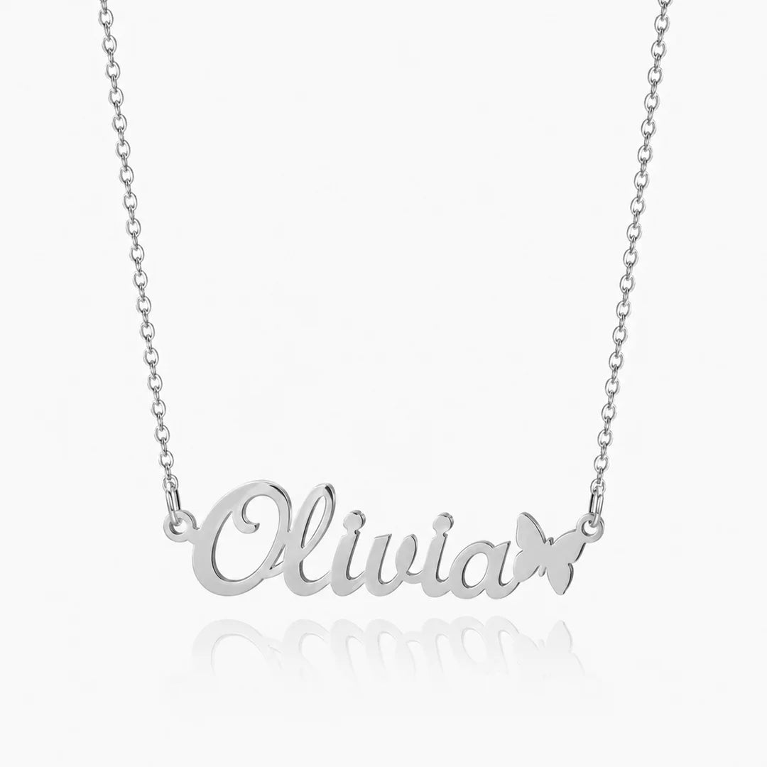 Personalized butterfly name necklace in silver on white background