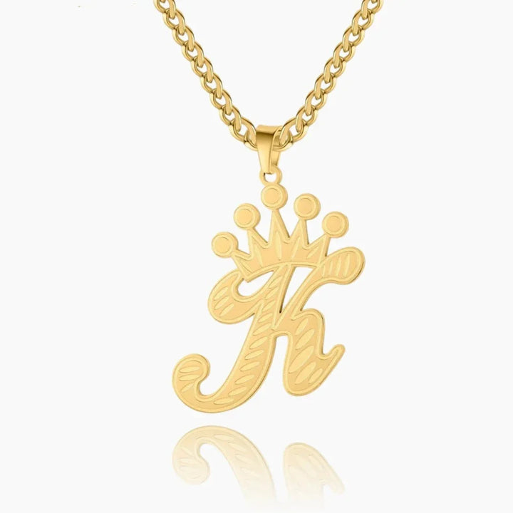 Front View Gold Cursive Initial Crown Necklace for women with Cuban Chain