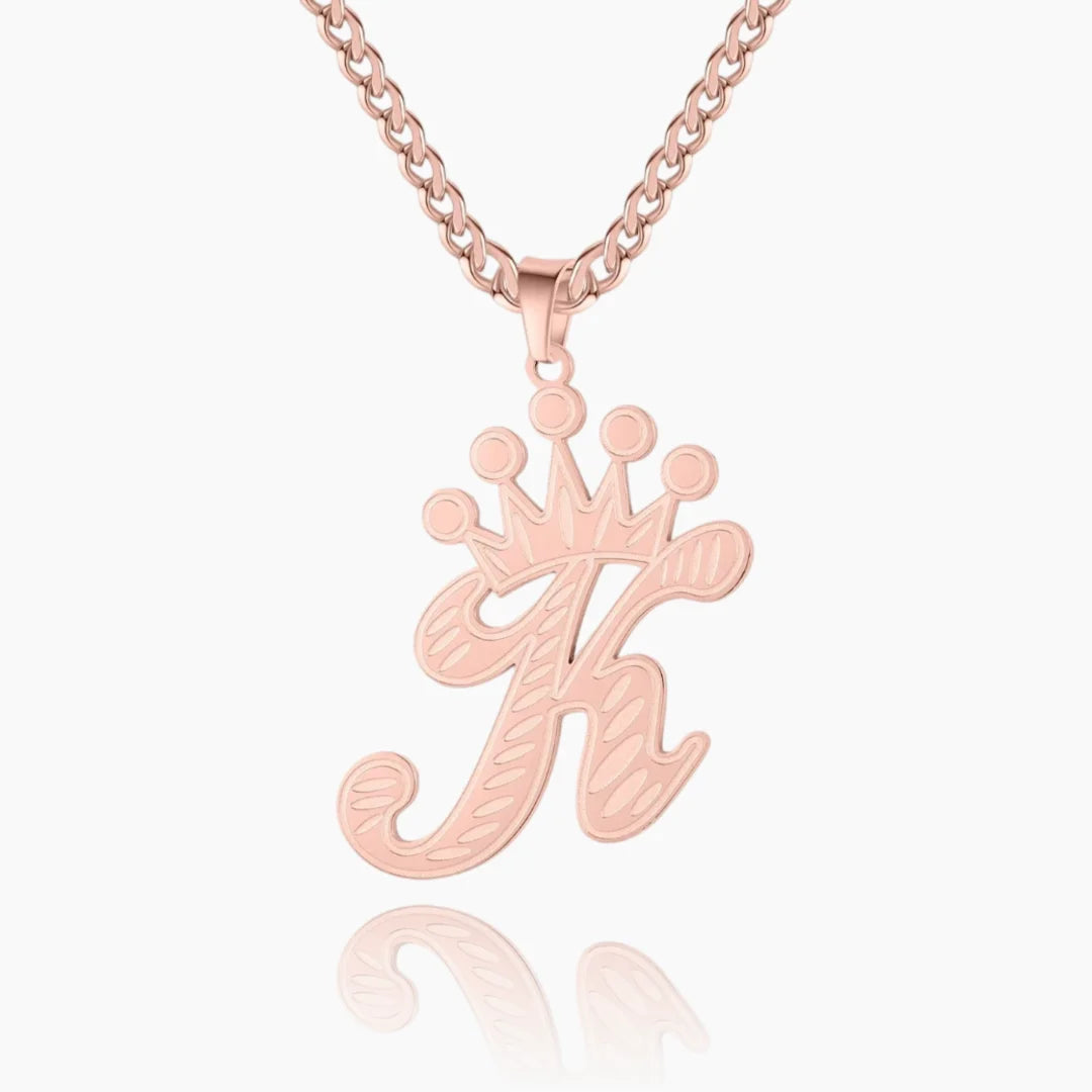 Rose Gold Cursive Initial Crown Necklace for women with Cuban Chain