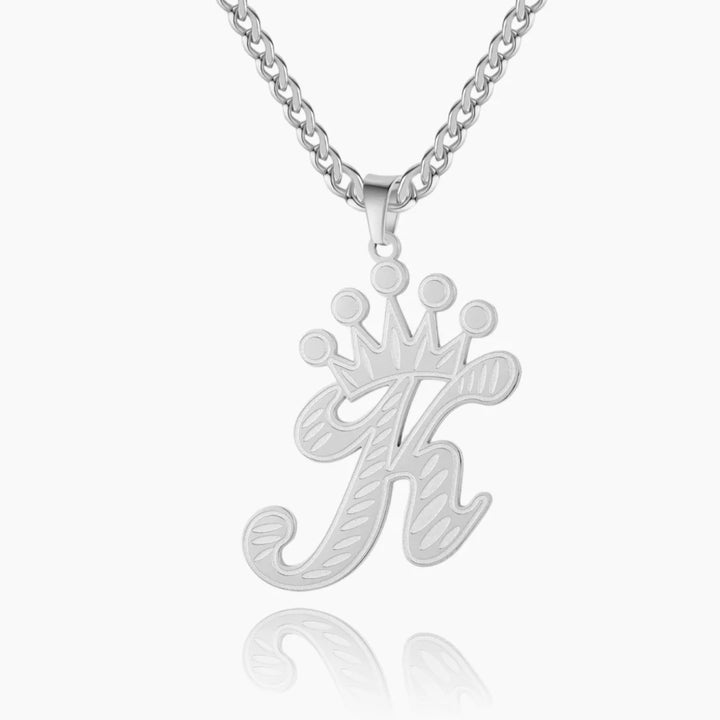 Silver Cursive Initial Crown Necklace for women with Cuban Chain