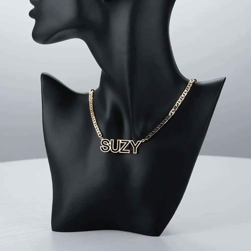 Gold Custom Cutout Block Name Necklace for Women on a Display Bust