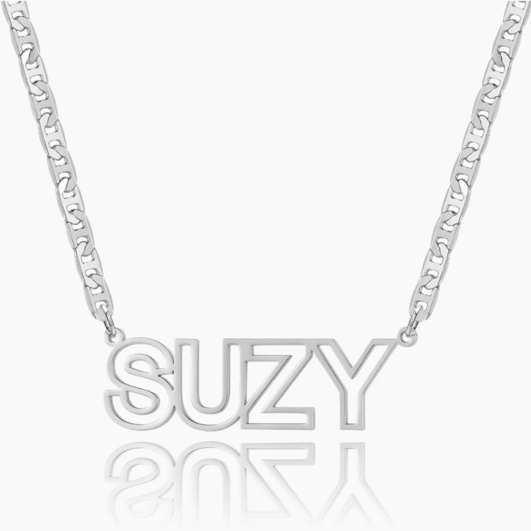 Silver Custom Cutout Block Name Necklace for Women