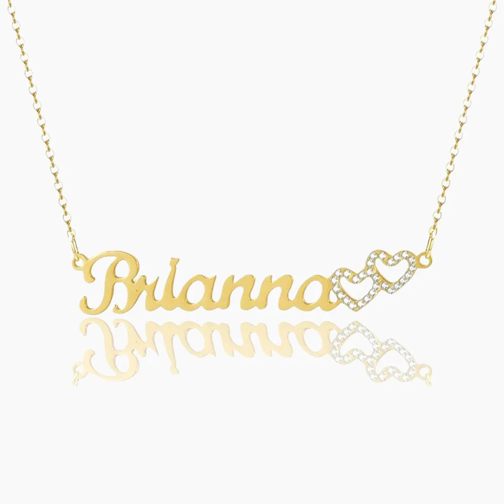 Custom Iced Double Heart Name Necklace in Gold for Women