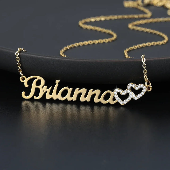 Custom Iced Double Heart Name Necklace in Yellow Gold for Women