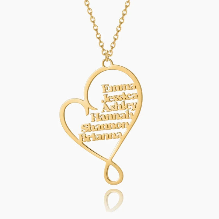 Custom Multiple Name Heart Necklace in gold front view.