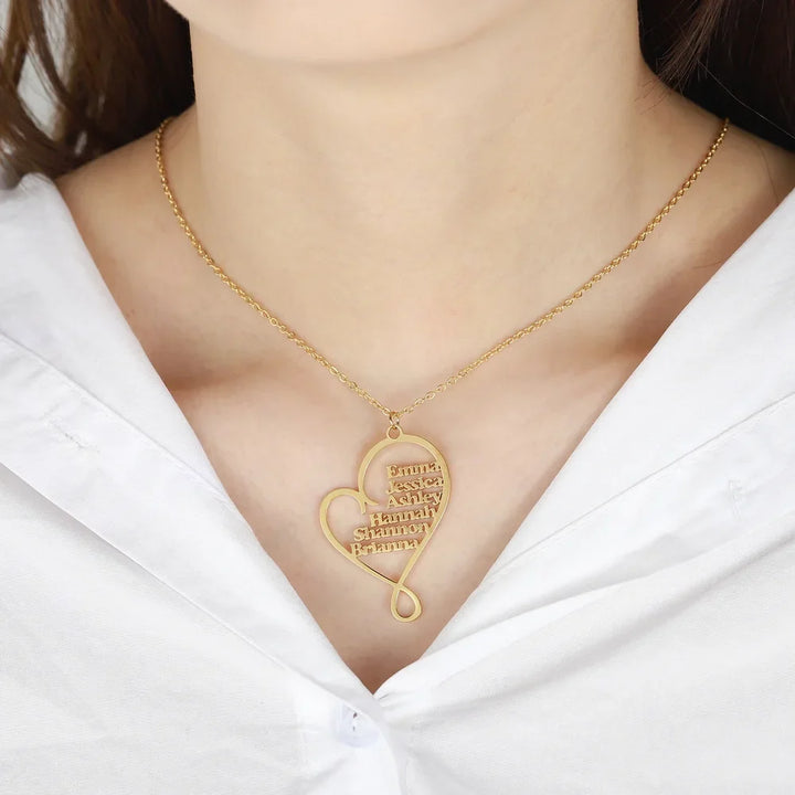 Model wearing Custom Multiple Name Heart Necklace in gold.