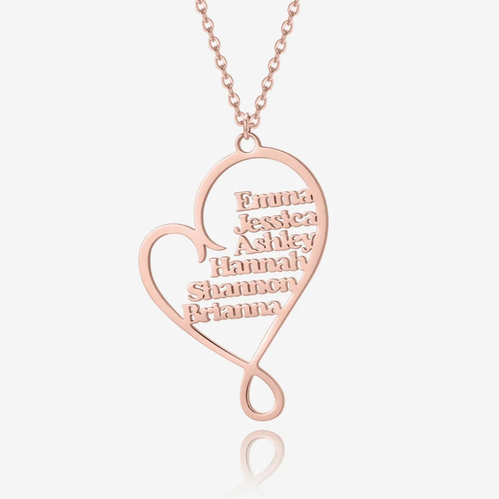 Custom Multiple Name Heart Necklace in rose gold front view.