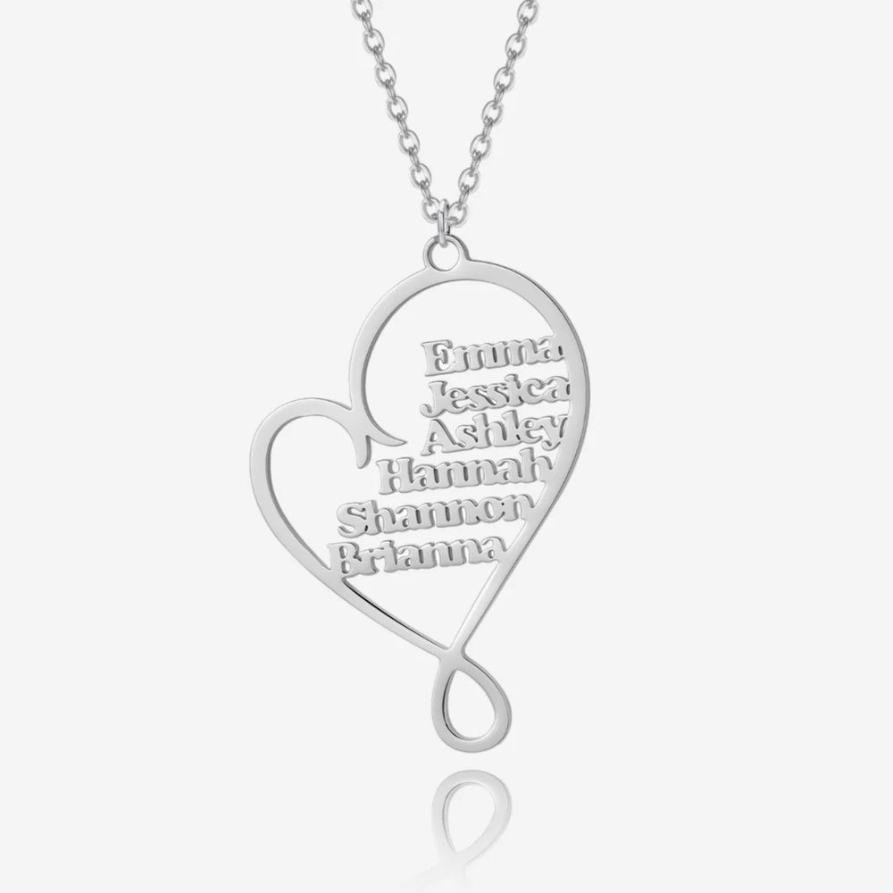 Custom Multiple Name Heart Necklace in silver front view.