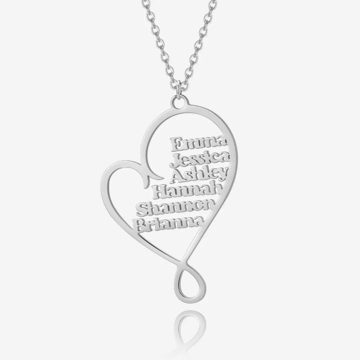 Custom Multiple Name Heart Necklace in silver front view.