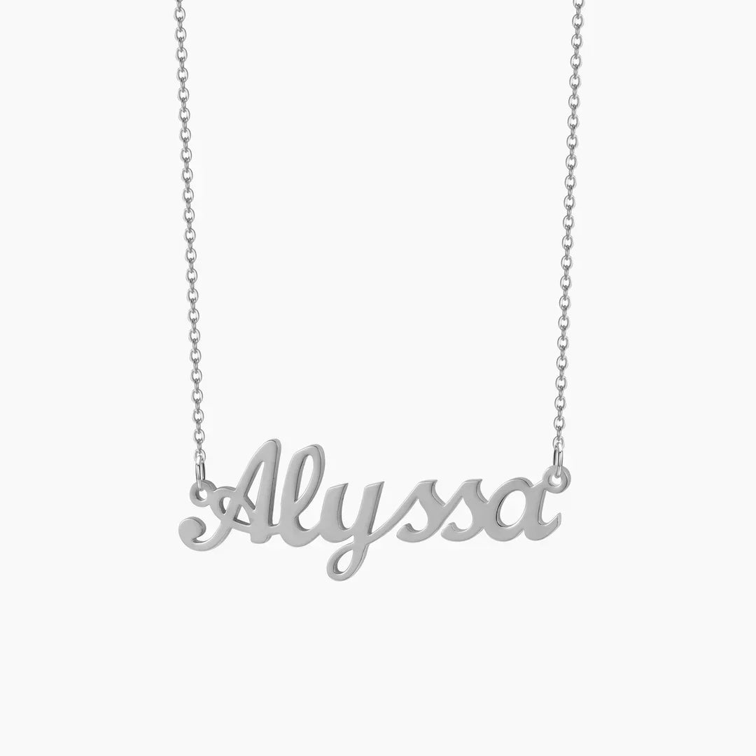 Silver custom name necklace with "Alyssa" inscription.