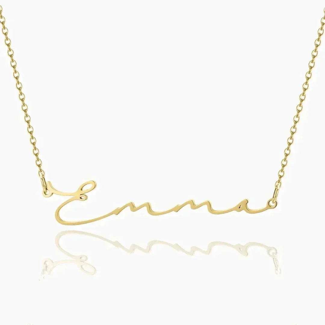 Custom signature name necklace in gold, front view