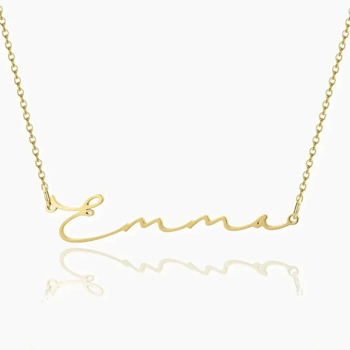 Custom signature name necklace in gold, front view