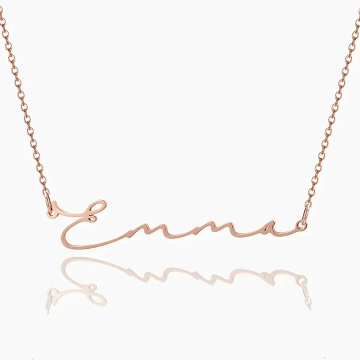 Custom signature name necklace in rose gold, front view