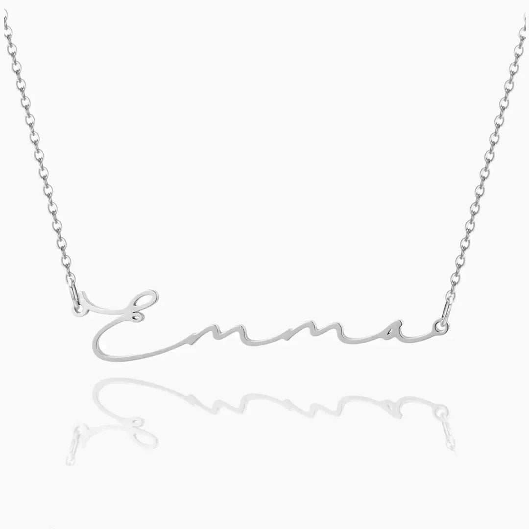 Custom signature name necklace in silver, front view