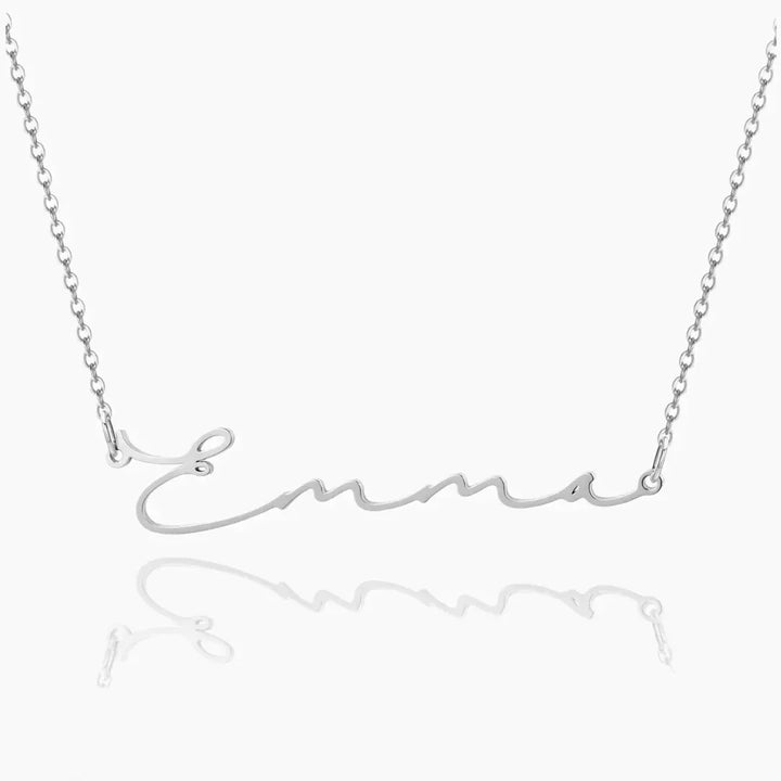 Custom signature name necklace in silver, front view