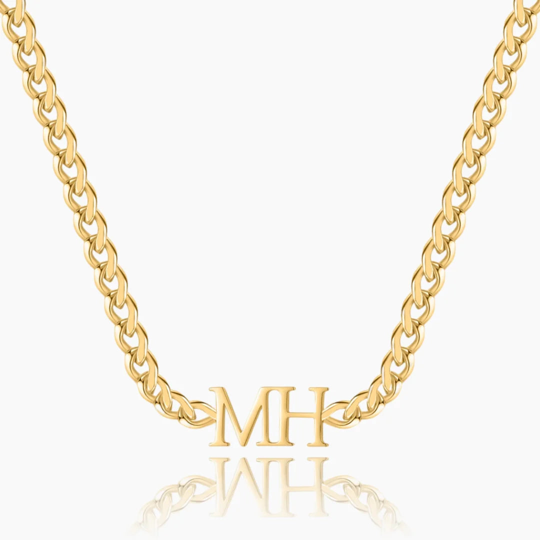 Double Initial Necklace with Cuban Chain in Gold