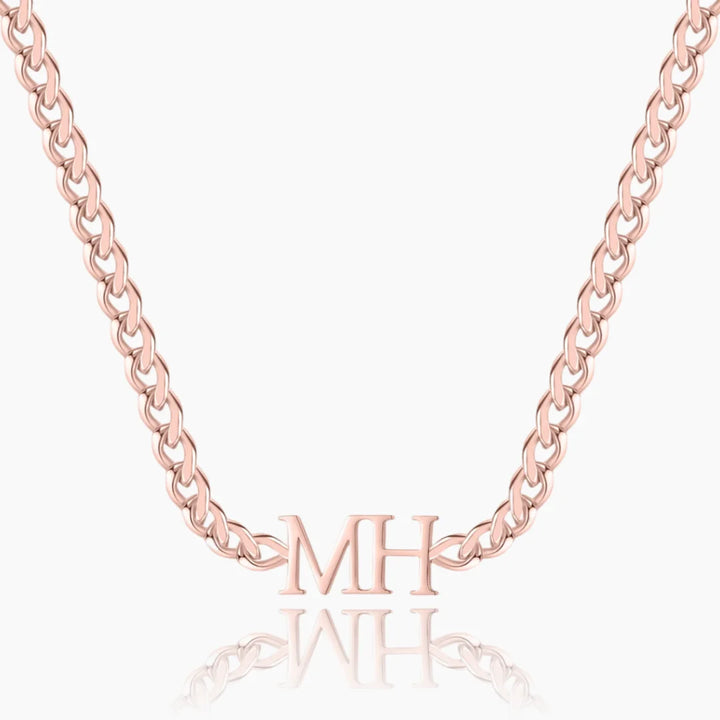 Double Initial Necklace with Cuban Chain in Rose Gold