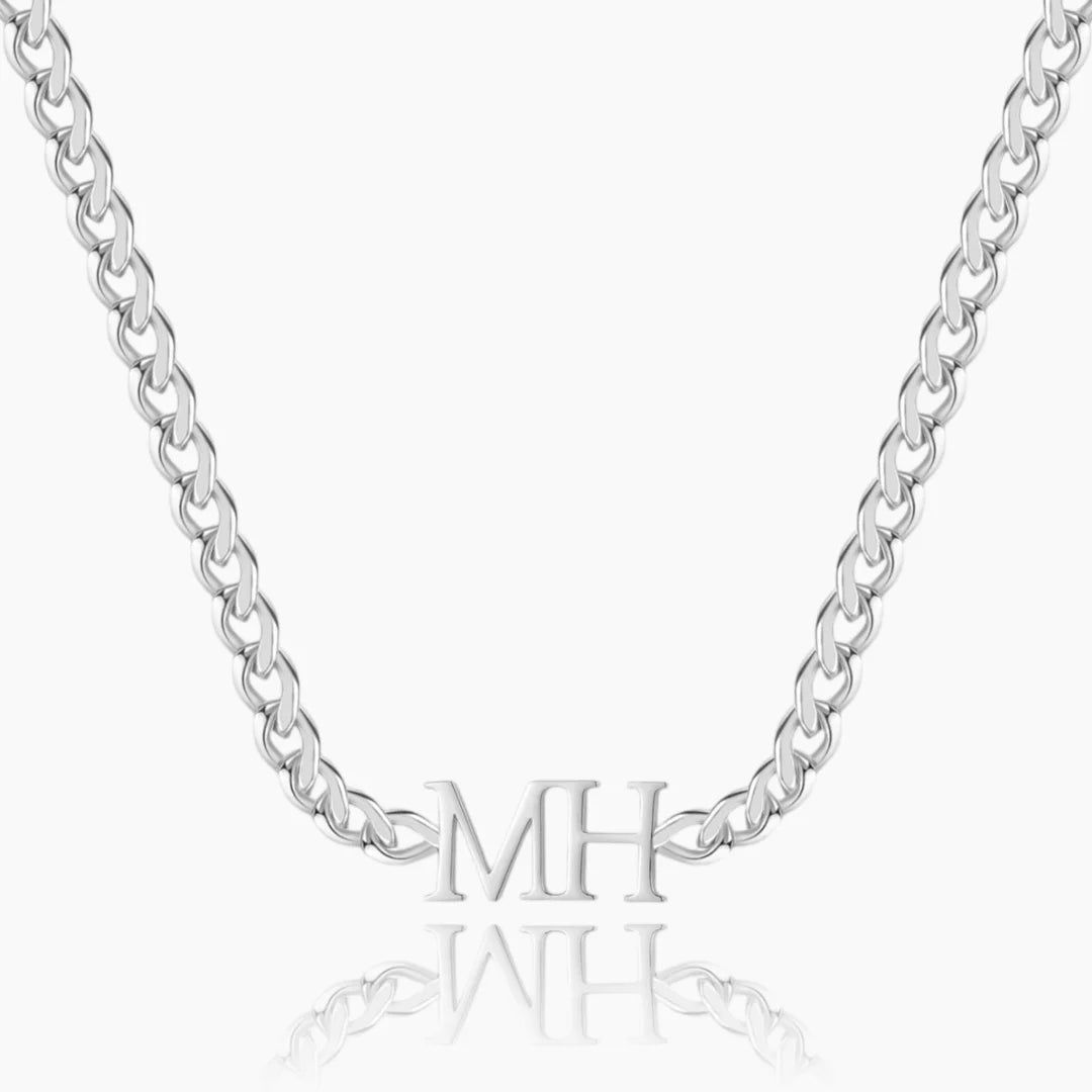 Double Initial Necklace with Cuban Chain in Silver