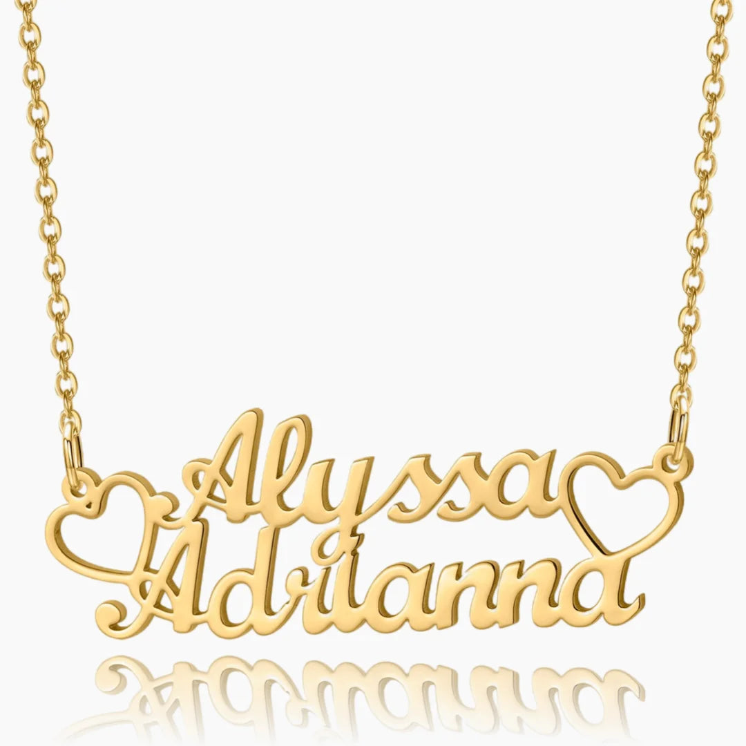 Double name heart necklace in gold, front view