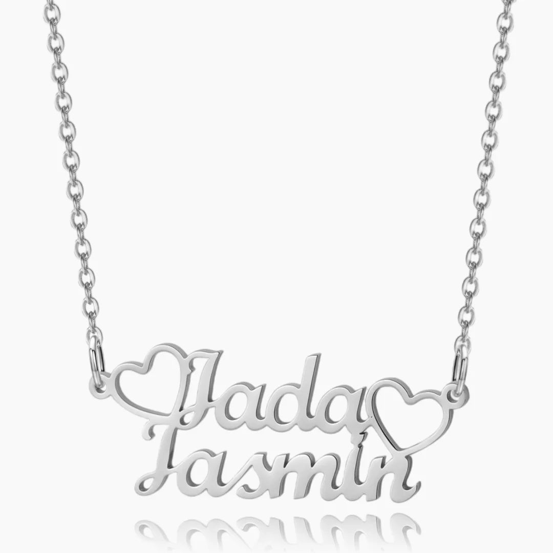 Double name heart necklace in silver, front view