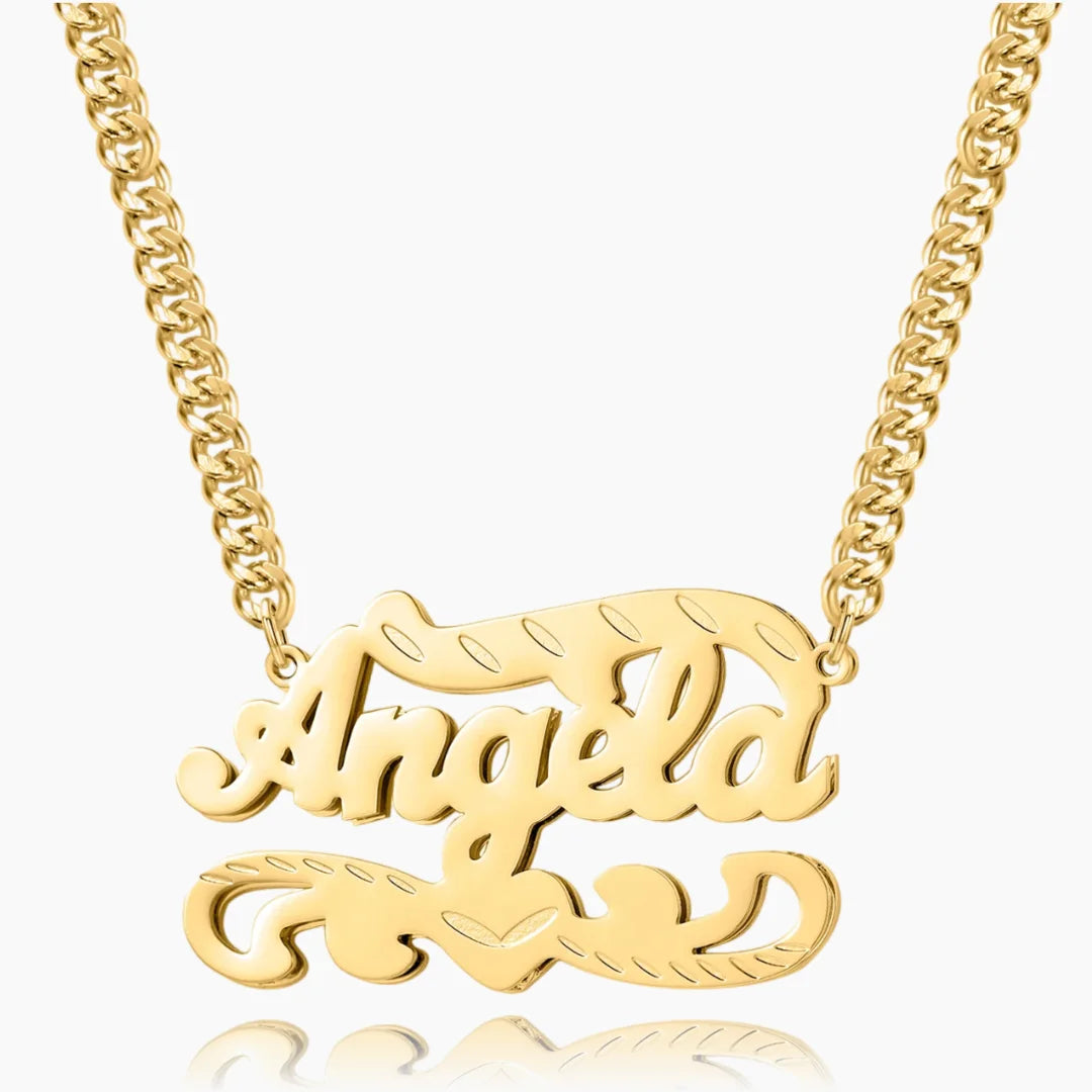 Double Plated 3D Name Necklace in gold with the name 'Angela' on a white background.