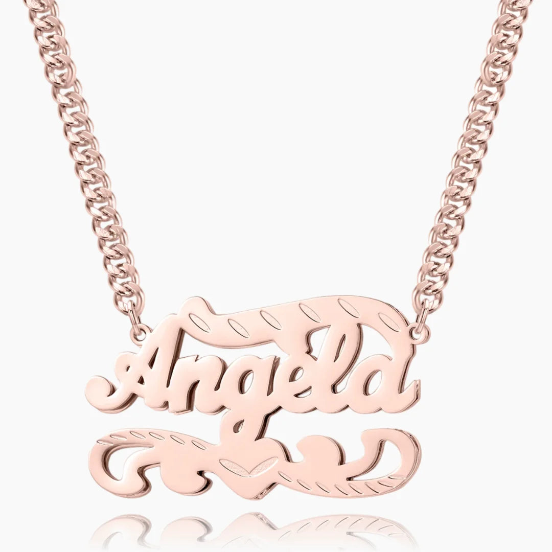 Double Plated 3D Name Necklace in rose gold with the name 'Angela' on a white background.