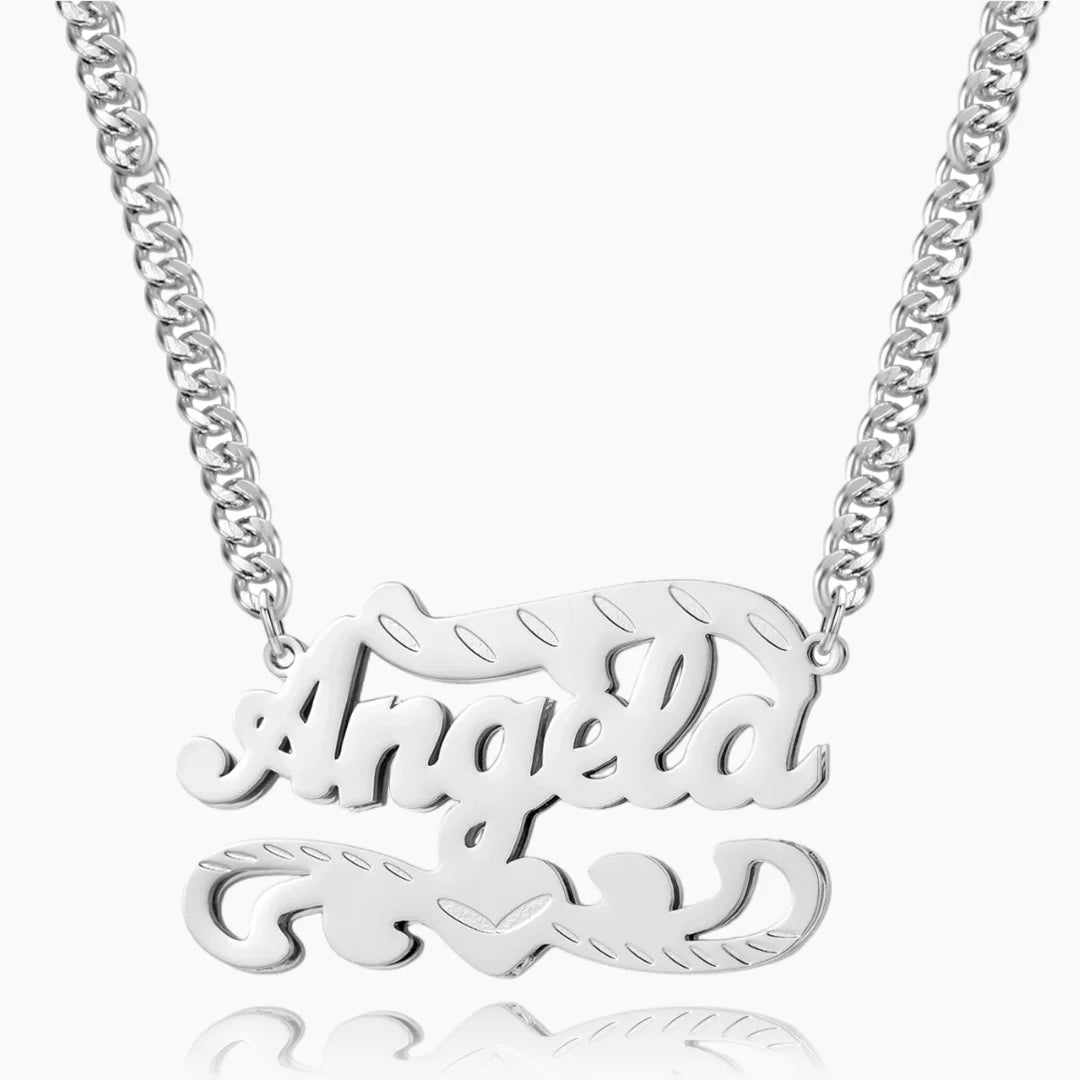 Double Plated 3D Name Necklace in silver with the name 'Angela' on a white background.